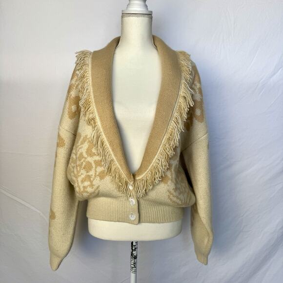 Anna Cate Jay Cardigan Oversized Sweater Ivory Floral Knit Fringe Size M